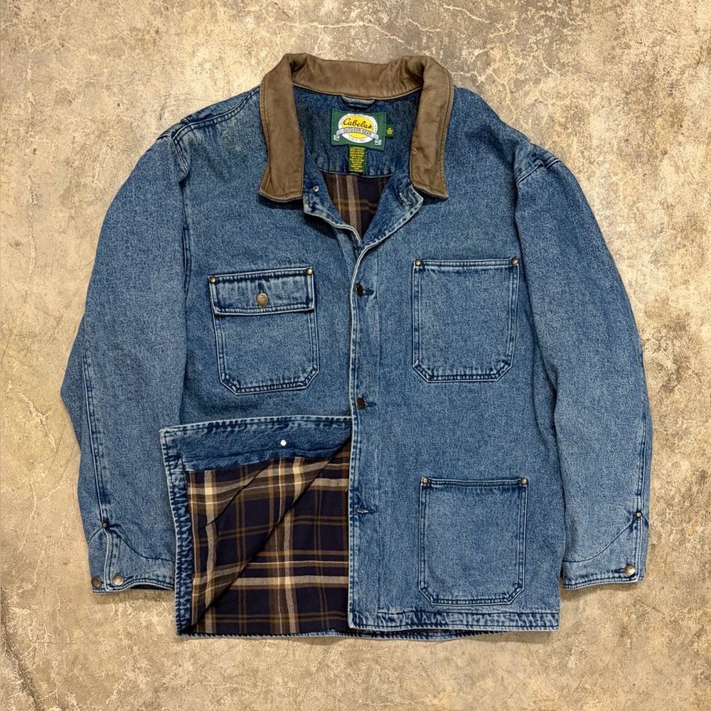 Vintage Cabela’s Denim Chore Jacket, Heritage Workwear, Leather Collar, XL